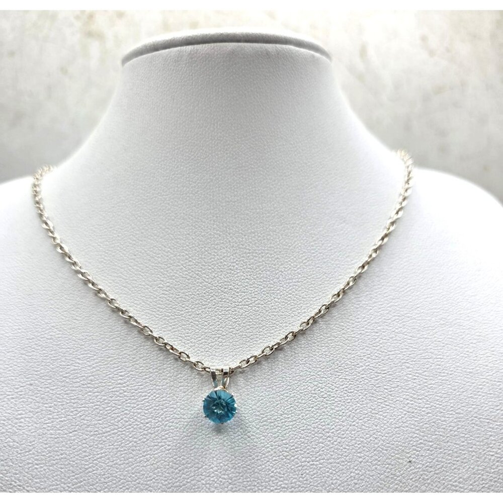 Silver Tone  Chain Necklace With Blue Crystal Pendant